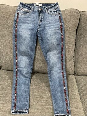 Zara Light Blue Skinny Jeans with Red & White Beaded Side Trim